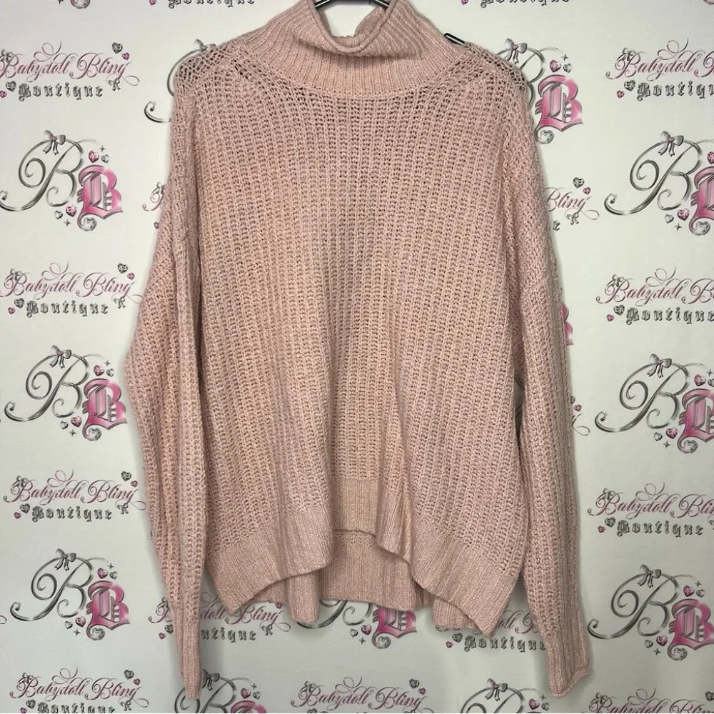 American eagle pink turtle neck sweater knitted warm cozy oversized light pink